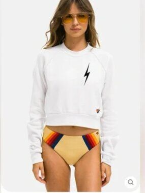 Aviator Nation White Crew Neck Sweater with Black Lightning Bolt S